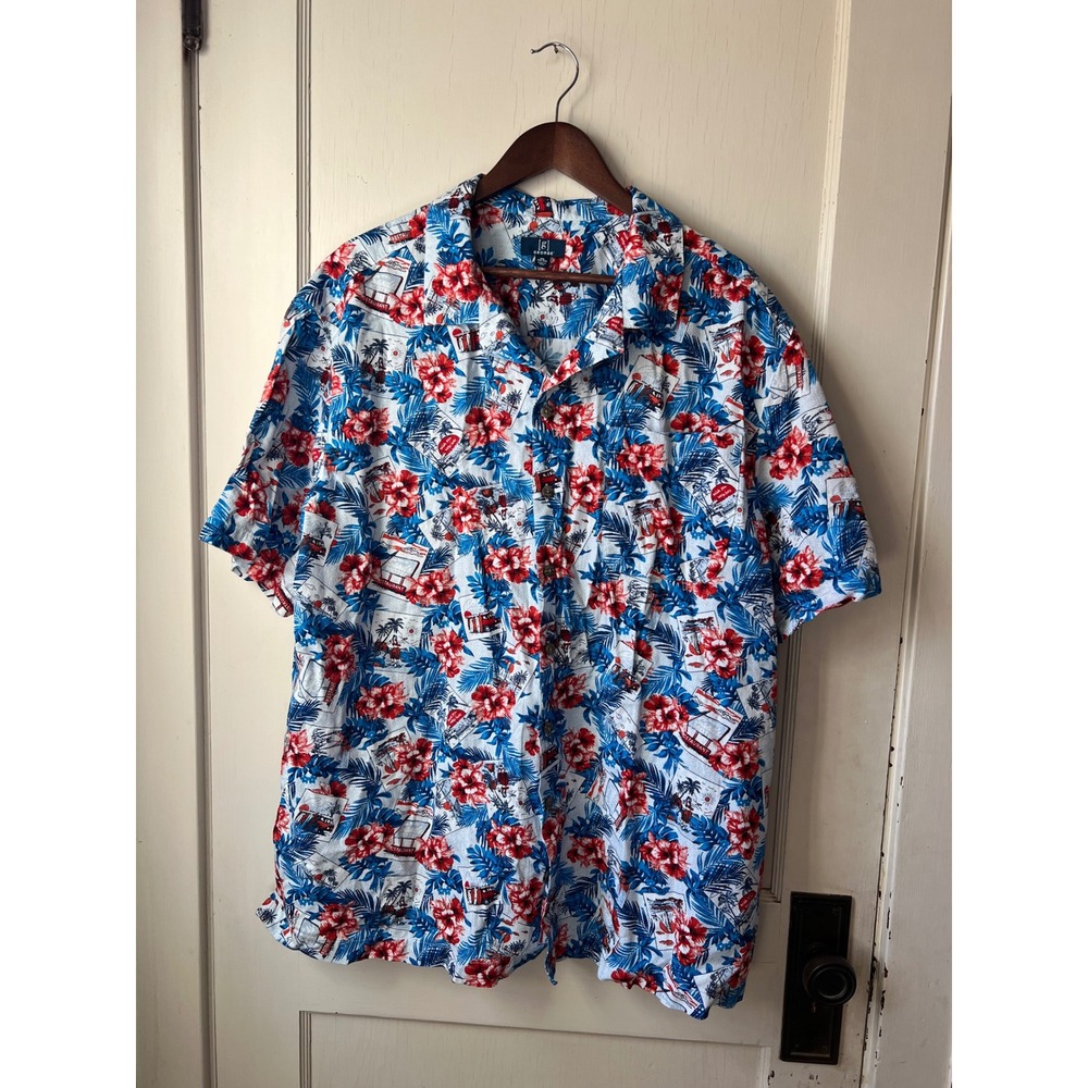 George Mens 2XL Tropical Hawaiian Shirt Red Blue Hibiscus Palm Trees Aloha